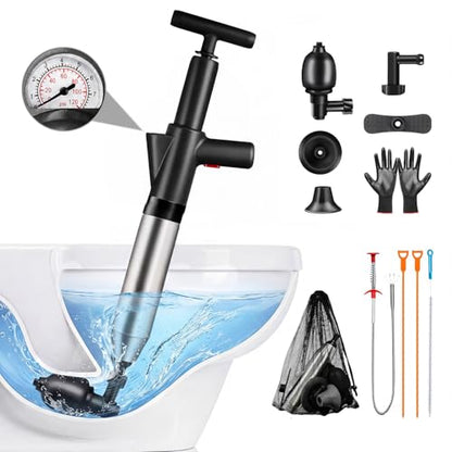 Fast Toilet Plunger High Pressure with Storage Bag, Heavy Duty Air Drain Blaster & Unclogger Tool, Clog Remover Kit & Toilet Snake Alternative for Bathroom, Toilets, Sinks, Tubs, Pipes (Black) - size: Toilet plunger-Black