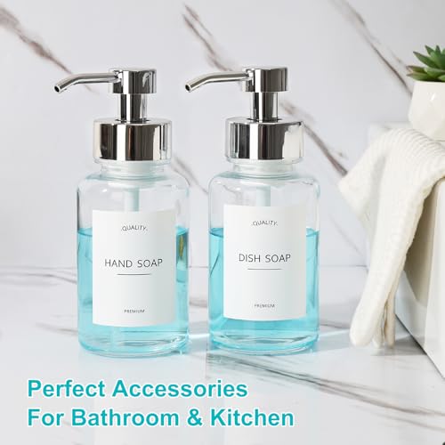 Foaming Soap Dispenser, 14.1 oz/400ml Foaming Hand Soap Dispenser, 2 Pack Glass Foaming Dispenser for Bathroom & Kitchen, Clear Refillable Liquid Dispenser Bottle with Waterproof Labels - color: Clear Bottle+silver Pump