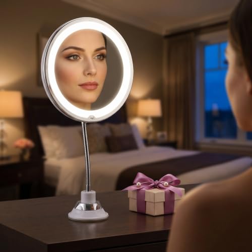 Mirror LED Lighted Mirror with Suction Cup Rotating Magnifying Makeup 10x Magnification and Adjustable Angle, 360° Free Rotation Design for Makeup in Dark or Poorly Lit Bathroom