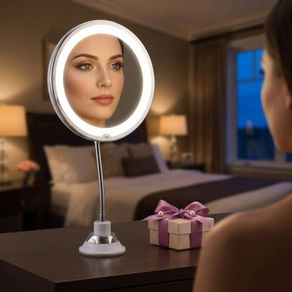 Mirror LED Lighted Mirror with Suction Cup Rotating Magnifying Makeup 10x Magnification and Adjustable Angle, 360° Free Rotation Design for Makeup in Dark or Poorly Lit Bathroom