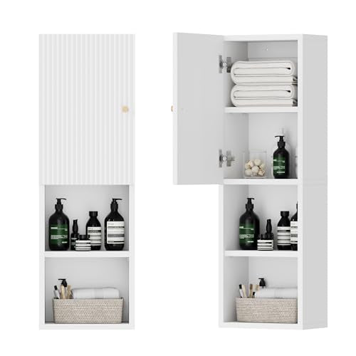Qupui Fluted Bathroom Wall Cabinet, 31.5" 4-Tier Medicine Cabinet, White | Fluted Door Panels. Adjustable Shelf. Dual-zone Storage With Doors And Open Shelf. Wall-mounted. Engineered Wood