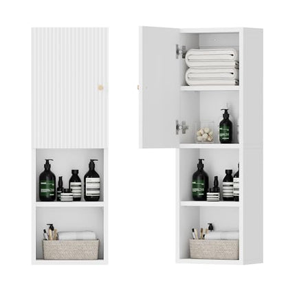 Qupui Fluted Bathroom Wall Cabinet, 31.5" 4-Tier Medicine Cabinet, White | Fluted Door Panels. Adjustable Shelf. Dual-zone Storage With Doors And Open Shelf. Wall-mounted. Engineered Wood