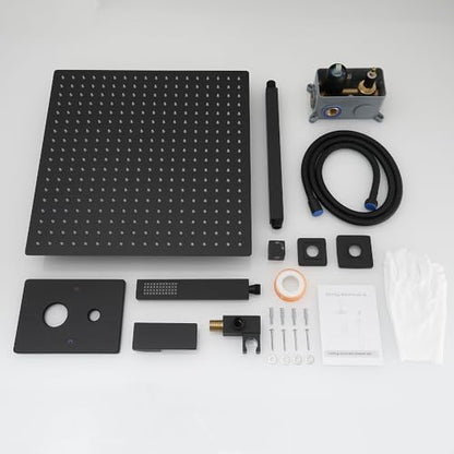 Matte Black Shower System Bathroom 16 Inch Rain Shower Head Ceiling Mount with Handheld Luxury High Pressure Shower Combo Set Shower Faucet Rough-in Valve Body and Trim Kit - color: Matte Black, size: 16 Inch