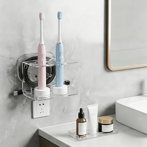 Electric Toothbrush Holder Wall Mounted,Acrylic Tooth Brush Holder for Bathroom, Electric Toothbrush Organizer with Cable Organizer for Shower,Clear