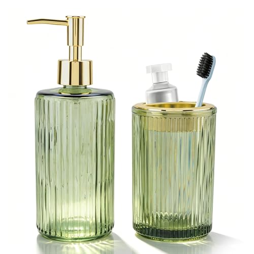 Green Glass Bathroom Accessories Set, Soap Dispenser and Toothbrush Holder | Elegant Bathroom Decor for Housewarming Gift - color: Green, size: 2PCS