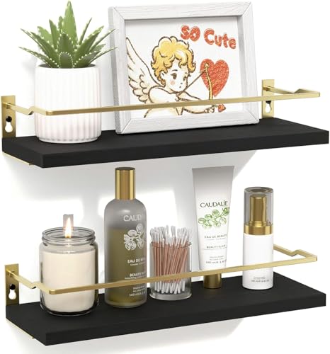 RICHER HOUSE Floating Shelves Bathroom, Small Wall Shelf Over Toilet 2 Set | Wall Mounted Shelves Decor for Bathroom, Kitchen, with Metal Guard-Rail, Paper Storage Shelf, Rustic, Wood, BGold - color: Black & Gold