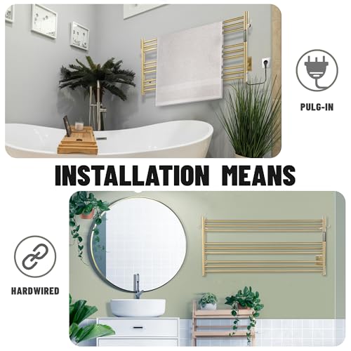 K&KALONZO Wall-Mounted 9-Bar Heated Towel Rack, Fast Heat in 2 Min, NTC Safety | 4 Timers & 3 Heat Levels Control, Plug-In/Hardwired, Top Hooks, Memory Function, Anti-Scald, Stainless Steel, EL13LG - color: Brushed Gold, size: H 19.7 x W 41.9