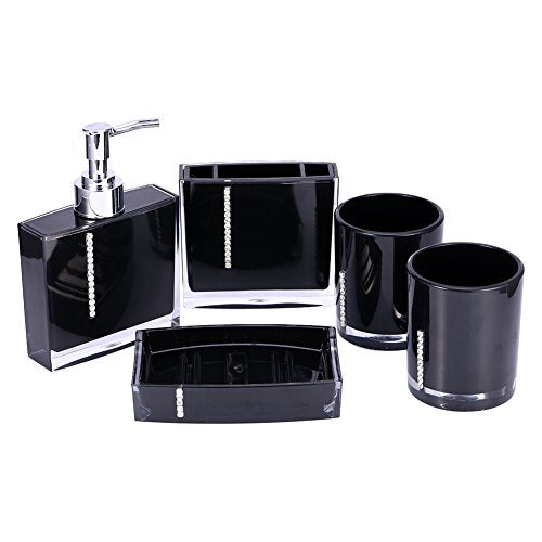 Bathroom Accessory Set, 5Pcs Black Modern Countertop Bath Decor Set with Soap Dispenser, Toothbrush Holder, 3 Tumblers & Soap Dish, Resin High-Gloss for Home, Hotel, Guest Bath
