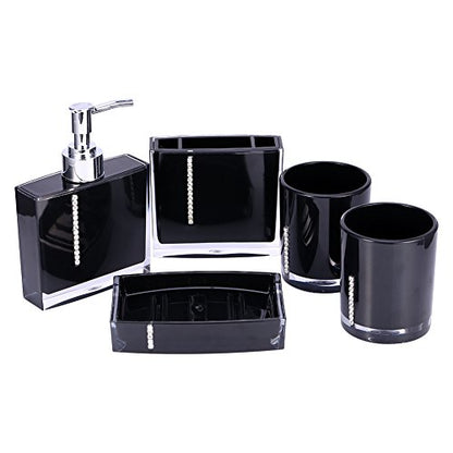 Bathroom Accessory Set, 5Pcs Black Modern Countertop Bath Decor Set with Soap Dispenser, Toothbrush Holder, 3 Tumblers & Soap Dish, Resin High-Gloss for Home, Hotel, Guest Bath