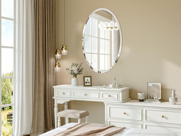 Frameless Oval Mirror, 22"x30" Beveled Bathroom Vanity Mirrors | 20mm beveled edge, 5mm HD glass, frameless, anti-rust, shatterproof, french cleat, horizontally or vertically - size: 22"L x 30"W