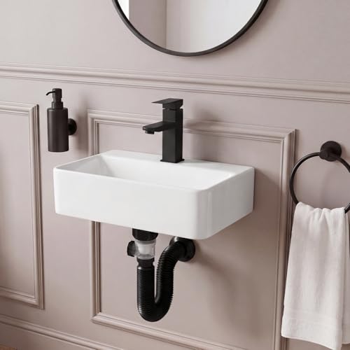 White Wall Mounted Ceramic Bathroom Sink, 14" x 10" Floating Vessel Sink | Rectangle, Black Faucet, Pop Up Drain, Ideal for Small Bathroom - size: 14''x10''