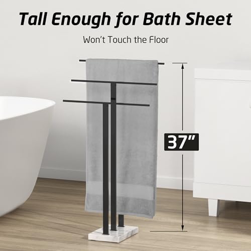 KES Standing Towel Rack with Marble Base, 3-Tier, Matte Black, 36-Inch | 18/8 Stainless Steel, 8.23 Lbs Weighted Base, Anti-Slip Pads, No Drilling Assembly, Freestanding Holder For Bathroom - color: Black