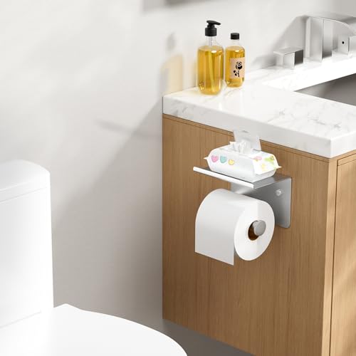 FORIOUS Toilet Paper Holder with Shelf, Adhesive or Screw, Commercial | Brushed Nickel | Wall Mount Bathroom Tissue Holder | SUS304 Stainless Steel Rustproof | Bathroom Tissue Roll Holder - color: Stainless Steel