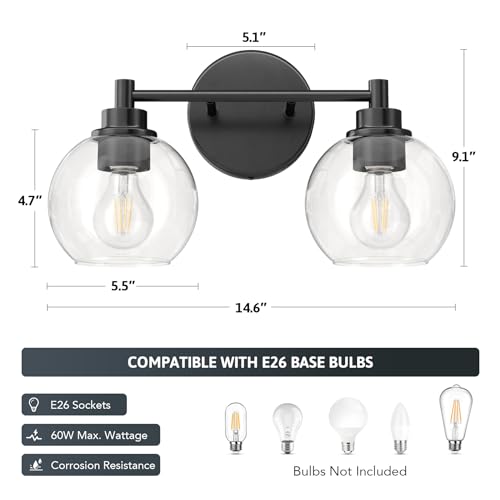 VONLUCE 2 Light Bathroom Vanity Light Fixtures, Black Finish | Globe Glass Shades, E26 Sockets, Easy to install, Vanity Lights for Bedroom Hallway Living Room - color: Black, size: 2-Light