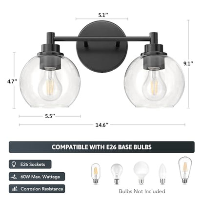 VONLUCE 2 Light Bathroom Vanity Light Fixtures, Black Finish | Globe Glass Shades, E26 Sockets, Easy to install, Vanity Lights for Bedroom Hallway Living Room - color: Black, size: 2-Light
