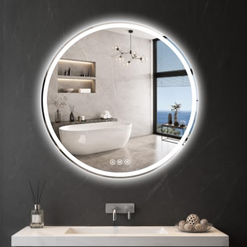 Round LED Bathroom Mirror, 36 Inch, HD Shatterproof Tempered Glass | Lighted Bathroom Mirror with Dimmable Lights Bathroom Mirror with Lights for Wall, 3 Color Temperatures - size: 36"L x 36"W
