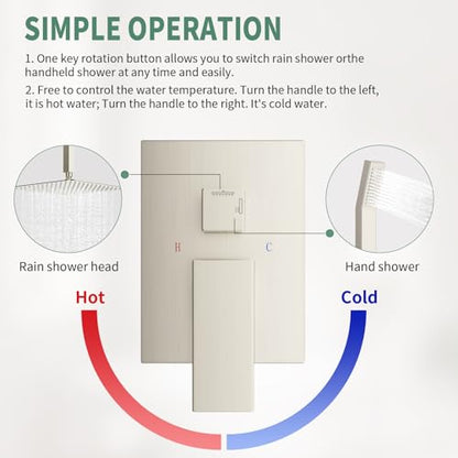 SunCleanse Rainfall Shower System Brushed Nickel Ceiling Mounted Shower System Combo Set with High Pressure 12 Inches Square Rain Shower Head Handheld and Shower Faucet Rough-in Mixer Valve and Trim | Ceiling mounted shower combo set featuring a 12" rainf