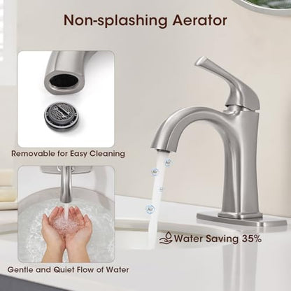 Brushed Nickel Single Hole Bathroom Faucet, Single Handle Brass Bathroom Sink Faucet, Lavatory Vanity Faucet for 1 or 3 Holes, Bathroom Faucets with Pop Up Drain and Supply Lines, Deck Plate - color: A-Brushed Nickel