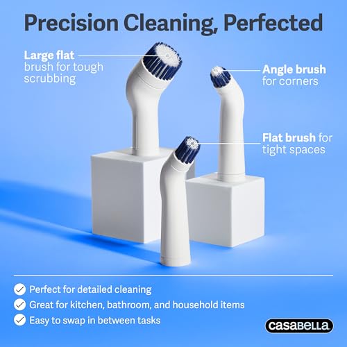 Casabella Handheld Spin Detail Scrubber, AA Battery Powered, 3 Brush Heads, White - style: Detail
