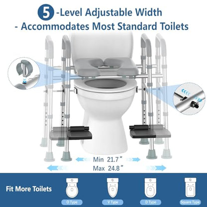Raised Toilet Seat Riser with Footrest & Handles, 500 lbs | Adjustable height and width, fits standard toilets, ideal for elderly, disabled and pregnant users