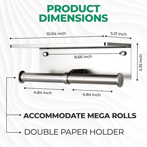 Toilet Paper Holder - Aluminium Double Roll Toilet Tissue Holder with Mobile Phone Shelf for Bathroom, 3M Self Adhesive No Drilling or Wall-Mounted, Rustproof Modern Style Brushed Nickel