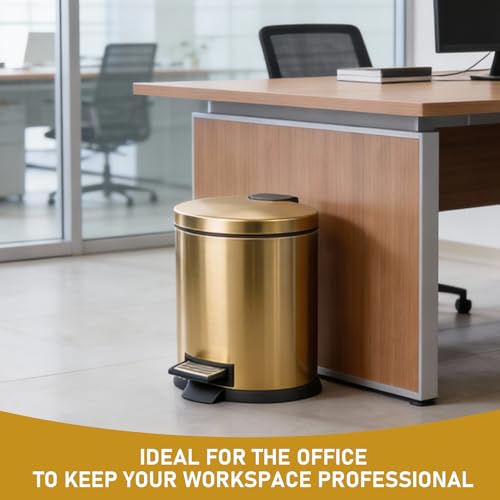 SIMPLYKLEEN Bathroom Trash Can with Lid - 4PC 1.3 Gallon/ 5L Oval Small Trash Can with Soft-Close Lid, Foot Pedal, Brushed Stainless Steel, Removable Liner, Garbage can for Kitchen, Office, Home Gold - color: Gold, size: 5L Oval 4PC