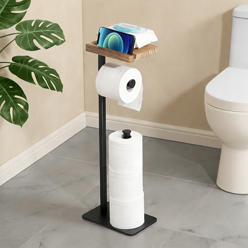 YIGII Toilet Paper Holder Stand with Shelf, Free Standing Toilet Paper Stand with Storage and Dedicated Phone Slot for Bathroom