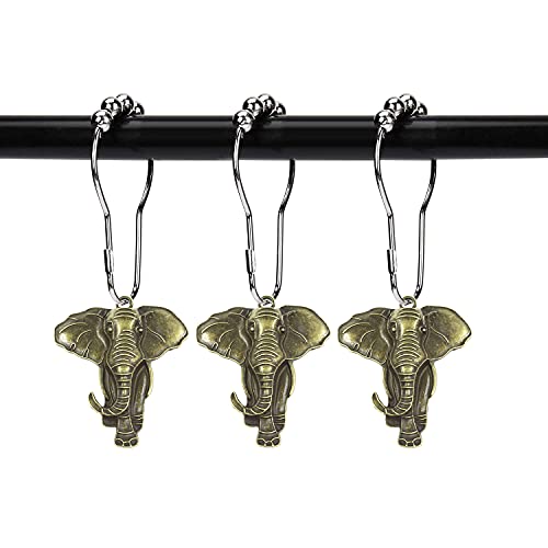 Set of 12 Realistic Elephant Shower Curtain Hooks Decorative Home Bathroom Stainless Steel Rustproof Shower Curtain Rings Decor Accessories (Bronze) - color: Bronze