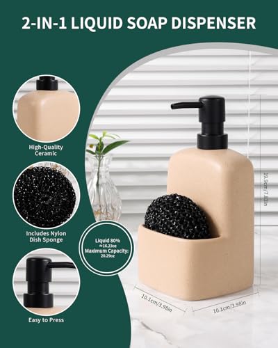 BosilunLife Dish Soap Dispenser - Linen Beige Ceramic Kitchen Soap Dispenser with Sponge Holder Matte Ceramic Soap Daddy Dispenser 20oz for Kitchen Soap Pump and Sponges Caddy - color: Linen Beige