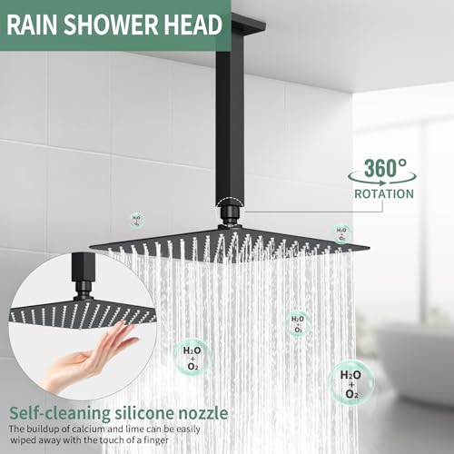 SunCleanse Rainfall Shower Faucet Set with High Pressure in Matte Black | Ceiling mounted shower combo set featuring a 10" rainfall shower head, handheld spray, and rough-in shower valve. - color: Matte Black, style: 10-ceiling