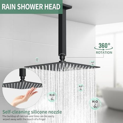 SunCleanse Rainfall Shower Faucet Set with High Pressure in Matte Black | Ceiling mounted shower combo set featuring a 10" rainfall shower head, handheld spray, and rough-in shower valve. - color: Matte Black, style: 10-ceiling