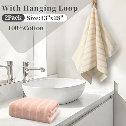 VOOVA & MOVAS Hand Towels with Loop, 100% Cotton, 13x29 in,Pink Striped | 2 Pack, Perfect for Modern Home Bathroom & Kitchen, 420GSM Medium Weight, Ultra Absorbent - color: Pink