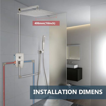 Aolemi Shower Faucet Set with Valve Handheld 16" LED Head Brushed Nickel | Handheld Spray,16 Inch Rain LED Head,Valve and Trim Kit,All Metal,Wall Mount Shower System,Bathroom Mixer - color: Nickel, size: 16 Inch LED Shower Head