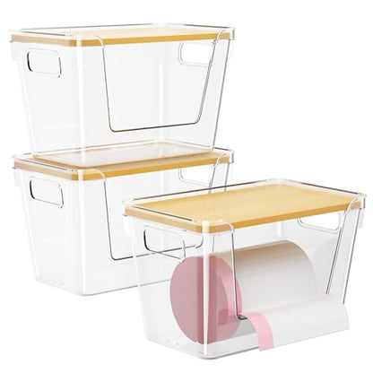 Delamu 3 Pack Trash Bag Dispenser, Stackable Garbage Bag Holder | Clear Acrylic Organizer Bins for Under Sink Organization, Pantry Storage, Cabinet, Kitchen, Laundry, Bathroom - size: XL-3 Pack