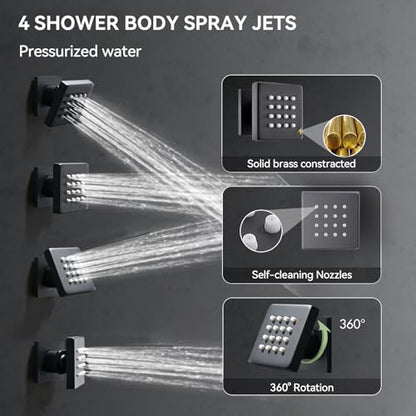 Shower System with Body Jets, Bostingner Four Modes Shower Faucet Sets with Handheld Spray 2 Ways, 4Pcs Shower Body Jets in Wall,10"+6" Rain Shower Head, Matte Black Shower Sets Complete - color: Matte Black, size: 6+10 inch
