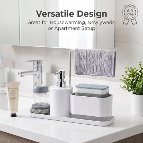 4-Piece Kitchen Sink Caddy with Soap Dispenser – Sponge Holder & Scrubber Brush, Removable Drain Tray, Dishcloth Bar, All-in-One Countertop Organizer for Kitchen & Bathroom – White