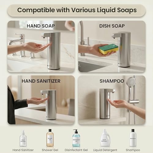 GentleJet SmoothDrop Automatic Liquid Soap Dispenser Touchless, No-Drip Precision Pump, USB-C Rechargeable, 304 Stainless Steel, Waterproof Countertop Dispenser for Kitchen & Bathroom Sink, 270 ml - color: Silver