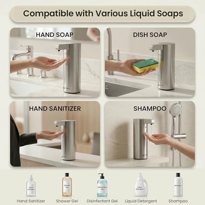 GentleJet SmoothDrop Automatic Liquid Soap Dispenser Touchless, No-Drip Precision Pump, USB-C Rechargeable, 304 Stainless Steel, Waterproof Countertop Dispenser for Kitchen & Bathroom Sink, 270 ml - color: Silver