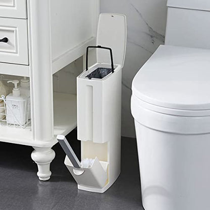 Slim Bathroom Trash Cans with Lid 4.4 Inches Wide/0.7 Gallons(3 Liters),Small Narrow Lidded Bathroom Trash Can with Toilet Brush for RV Camper,Tiny Garbage Can Rv Accessories for Inside(White) - color: White