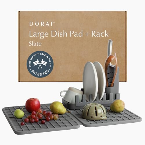 Dorai Home Collapsible Dish Drying Rack with Stone Dish Pad - Kitchen Counter Set with Diatomaceous Earth Stone Dish Mat for Quick Drying - Space-Saving Design - Large 24.6" x 16.5", Slate - color: Slate, size: Large + Rack
