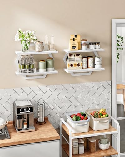 Hexagon Floating Shelves for Wall, Set of 2, 2 -Tier Hanging Shelves, Wall Mounted Storage Shelves, for Living Room, Bedroom, Kitchen, Home Office, Study, White TBJ06P2WB - color: White