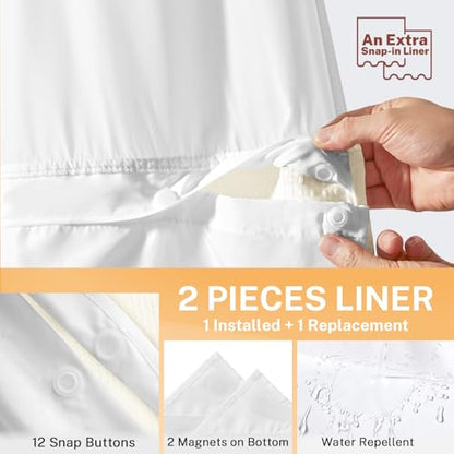 River Dream No Hooks Shower Curtain with 2 Snap in Liner, Cream, 71Wx74H | Waffle Weave, 1 Attached Snap in Liner and 1 Extra Replacement Liner, Bathroom Curtains Shower Set, Hotel Grade, Spa Like - color: Cream