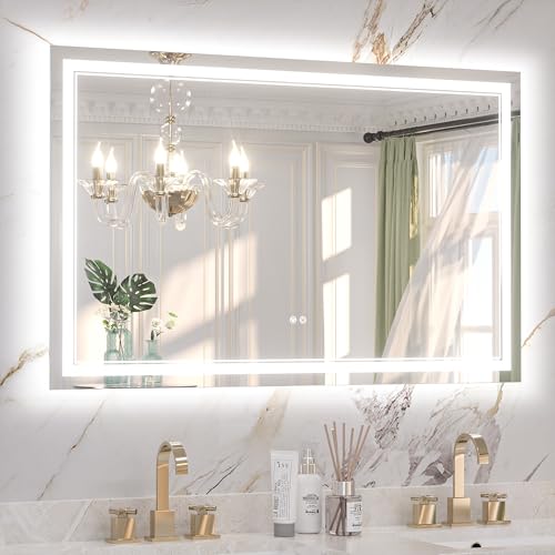 Keonjinn 48" x 30" LED Mirror for Bathroom, Front & Backlit, Tempered Glass | 3 Color Lights, Dimmable, Efficient Defogging, Effortless French Cleat Installation, Smart Lighted Vanity Mirror, Powder Room - size: 30"L x 48"W