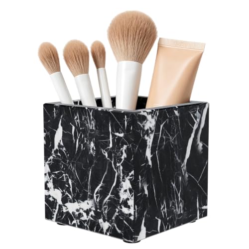 Rectangular Toothbrush Holder,Pencil Cup,3.9x3.9x3.9in,Black | Marble Pen Holders with Natural Patterns,Makeup Brush Organizer with Anti Slip Foot Pads,Stone Utensil Container for Office - color: Black