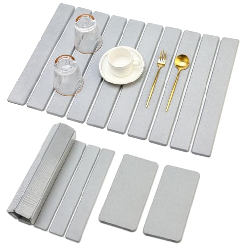 Large Stone Dish Drying Mat for Kitchen Sink Diatomite Countertop Dish | Diatomaceous Earth Mat Dishes Drainer Drying Tray Water Absorbent Quick Draining Pads Fast Foldable Bathroom Drying Mats - color: Light Gray
