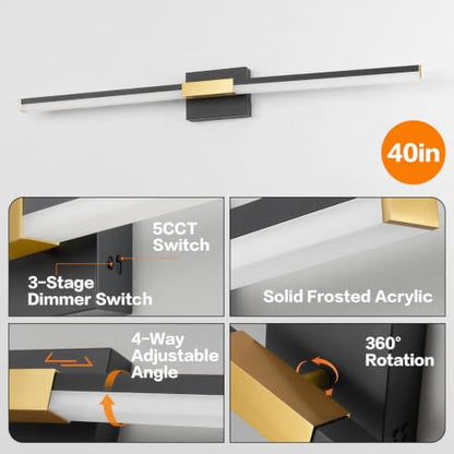 SOLFART Bathroom Light Fixtures 40-Inch: Black and Gold 5CCT Dimmable Vanity Lights for Bathroom, Solid Frosted Acrylic, Built-in Dimmer, 360 Degree Rotation, ETL IP44 - color: Black Gold-5CCT, 5-Step Brightness Control, size: 40 inch