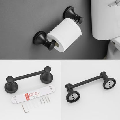 RUMOSE Pivoting Toilet Paper Holder and Hand Towel Ring, Matte Black | Wall Mount, Bathroom Hardware Accessories 2 PCS Set, Toilet Tissue Roll Holder & Towel Hanger, Rustproof, Stainless Steel - color: Matte Black