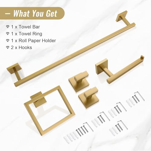 YACVCL Towel Bar Set, 5-Piece Brushed Gold Bathroom Hardware Set, Gold Bathroom Accessories Set, SUS304 Stainless Steel 23.6 Inch Towel Holder Towel Racks Set Wall Mounted - color: Brushed Gold, size: 5 Pieces