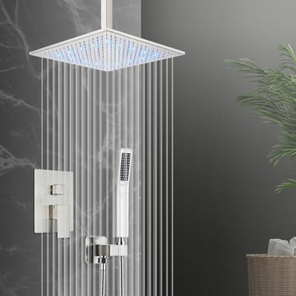 Shower System 12 Inch LED Square Showerhead Shower Faucet Set Shower Kit with Handheld Spray SUS304 Stainless Steel Shower Trim Kit Handheld shower with Rough-in Valve Brushed Nickle… - color: Brushed Nickel, style: 12"-led