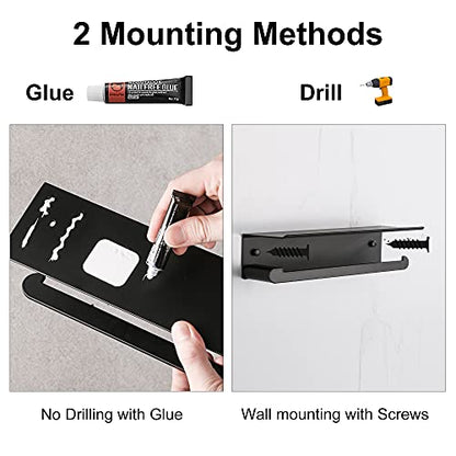 Wall Mount Paper Towel Holder with Shelf, Adhesive Towel Rack Matte Black | Self-Adhesive Paper Towel Holder with Shelf for Bathroom, Anti-Rust Aluminum, No Drill or Wall-Mounted with Screws - color: Black